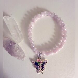 Pale Lavender Kunzite beads w pastel butterfly tulip charm Stretch bracelet